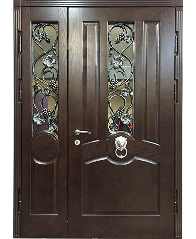 Железная подъездная дверь МДФ с ковкой/стеклом 1117